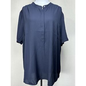 Lands' End Women's 24W Navy Blue 100% Polyester Short Sleeves Hidden Buttons